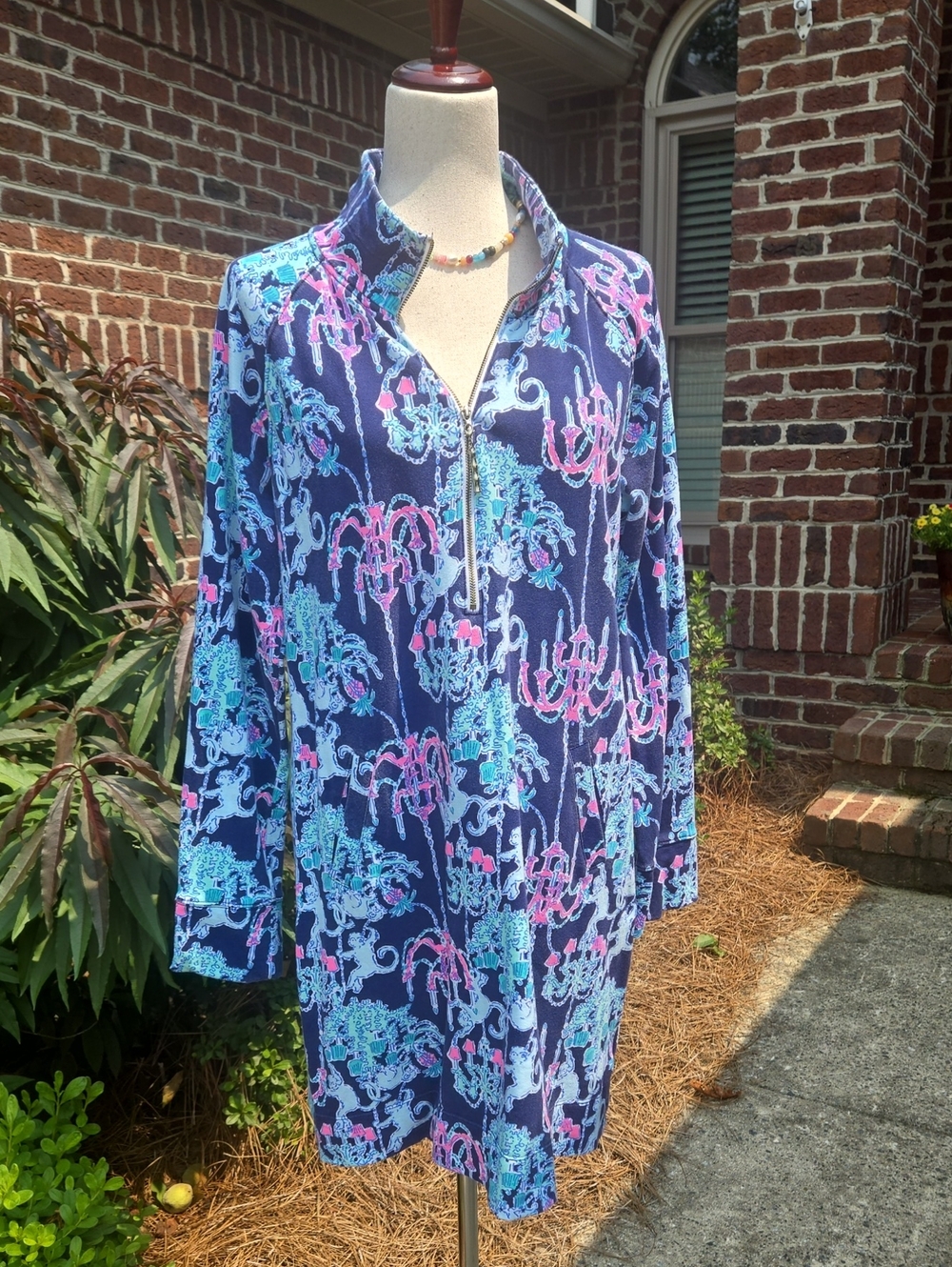 Lilly Pulitzer Navy Blue Printed Zip Tunic Dress with Pink & Aqua Accents